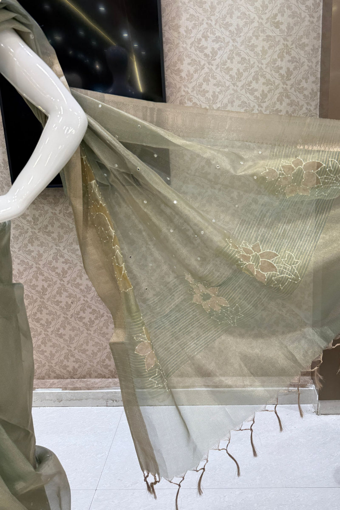 Pista Green Pearl and Thread work Saree
