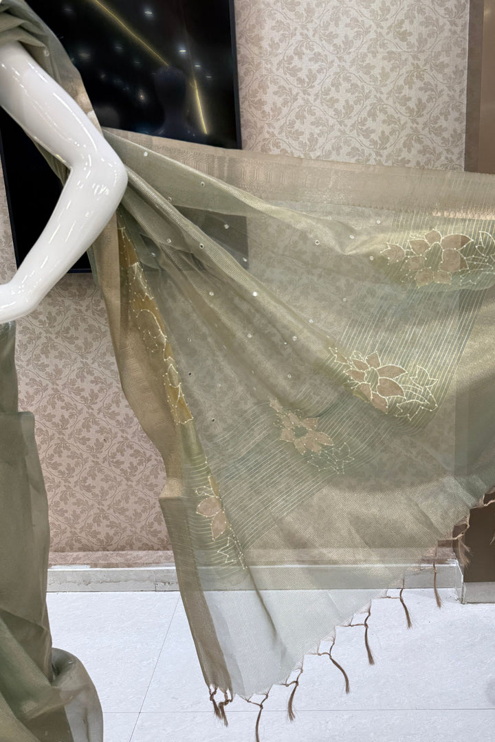 Pista Green Pearl and Thread work Saree