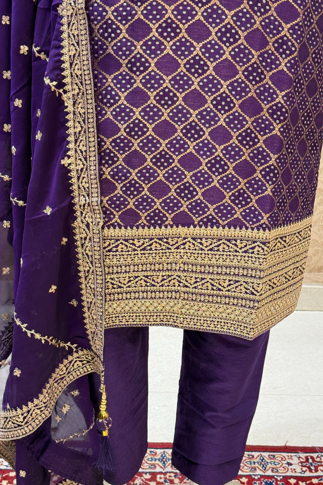Purple Banaras, Sequins and Zari work with Bandini Print Straight Cut Salwar Suit