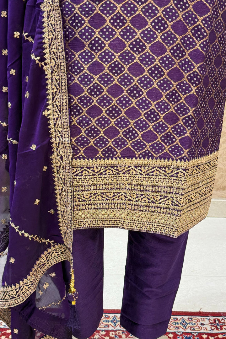 Purple Banaras, Sequins and Zari work with Bandini Print Straight Cut Salwar Suit