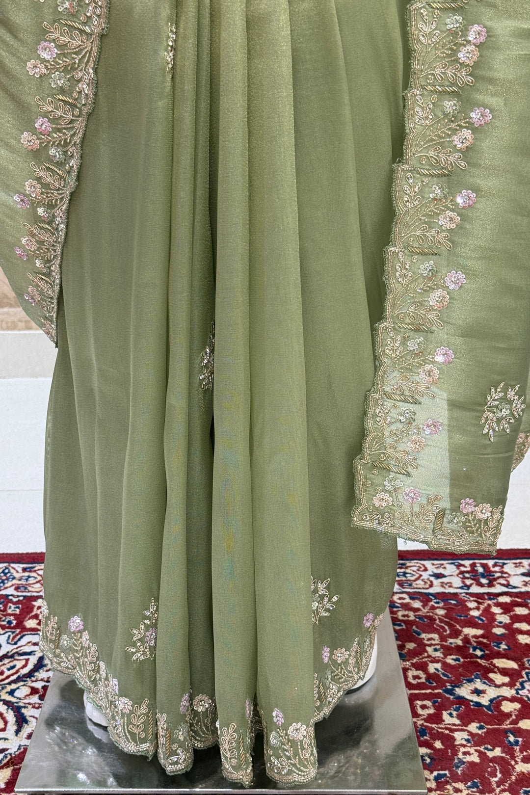 Pista Green Stone, Sequins, Zardozi and Beads work Saree