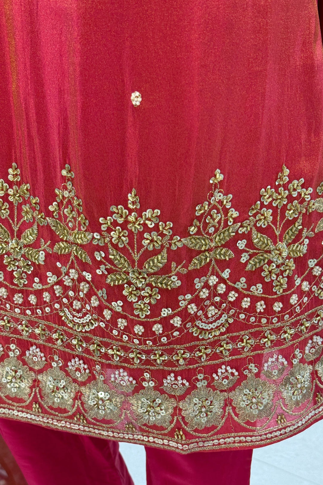 Rani Pink Beads, Zari, Stone and Sequins work Straight Cut Salwar Suit