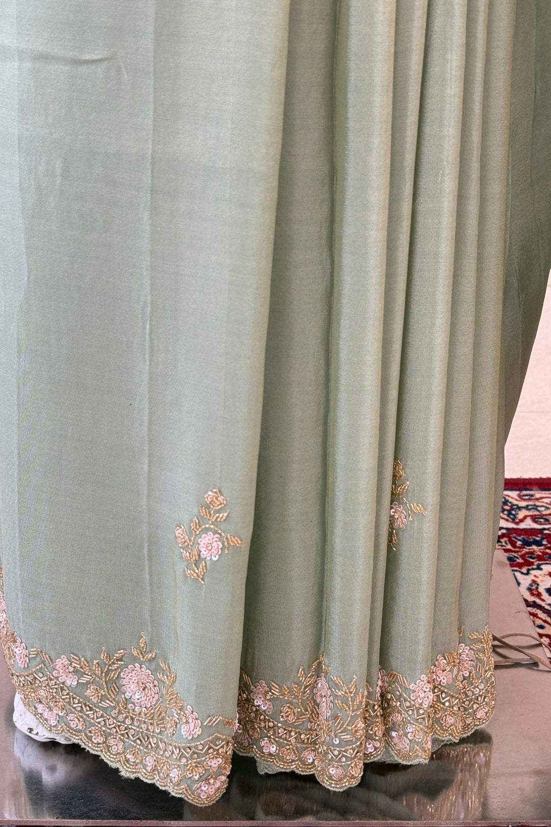 Light Pista Green Party Wear Saree with Sequins, Beads Border and Floral Motif Embroidery