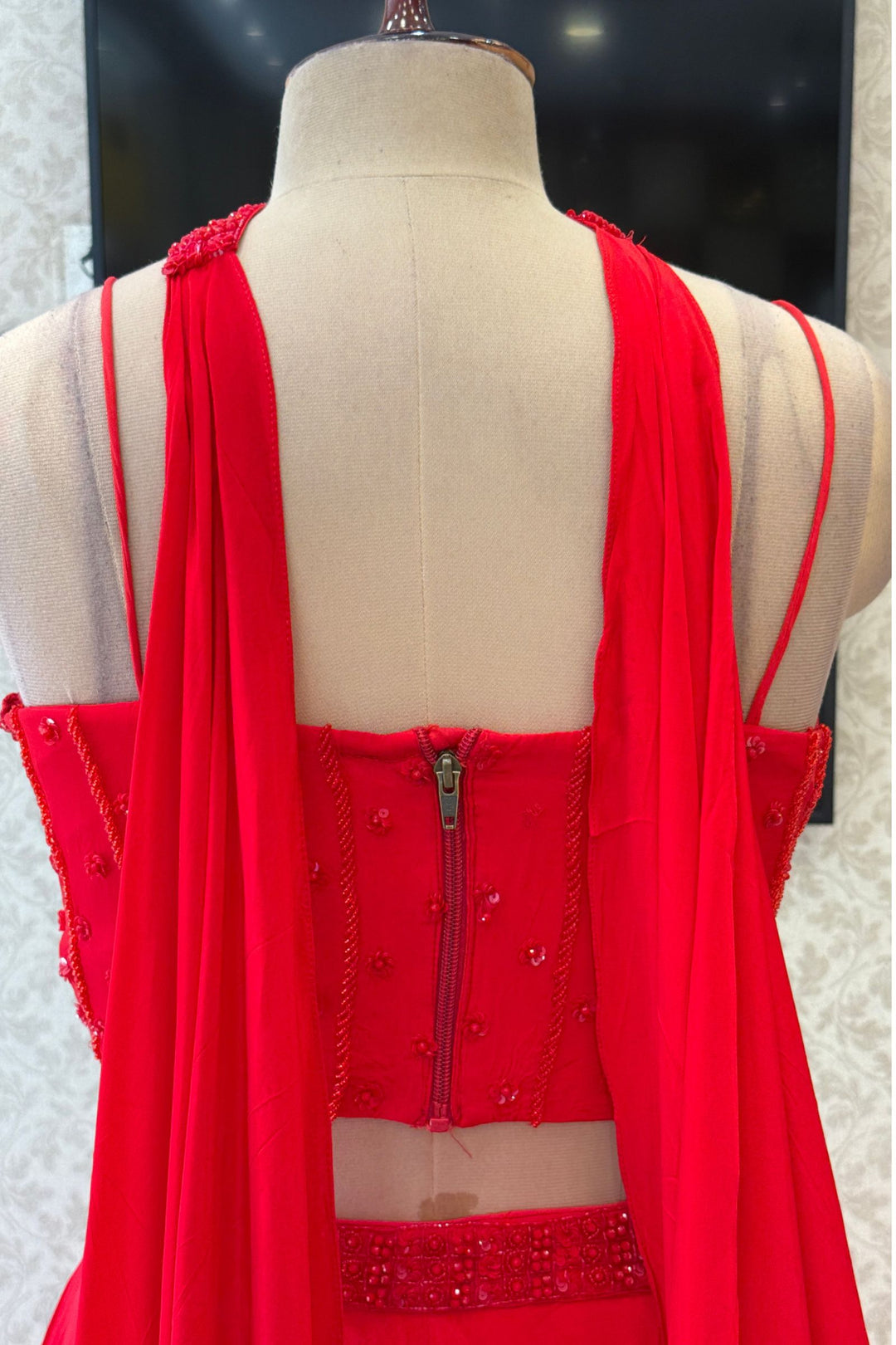 Red Beads and Sequins work Crop Top Lehenga