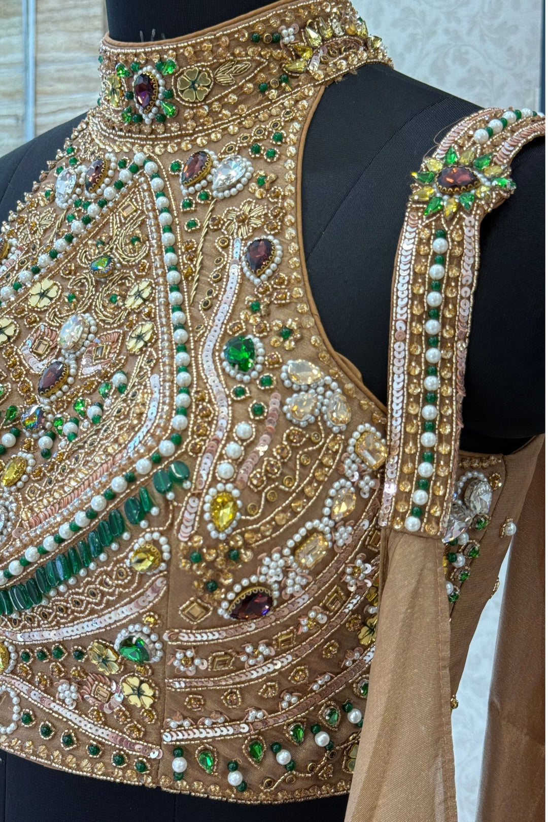 Gold Beads, Zardozi, Stone, Sequins and Pearl work with Halter Neck Crop Top Lehenga