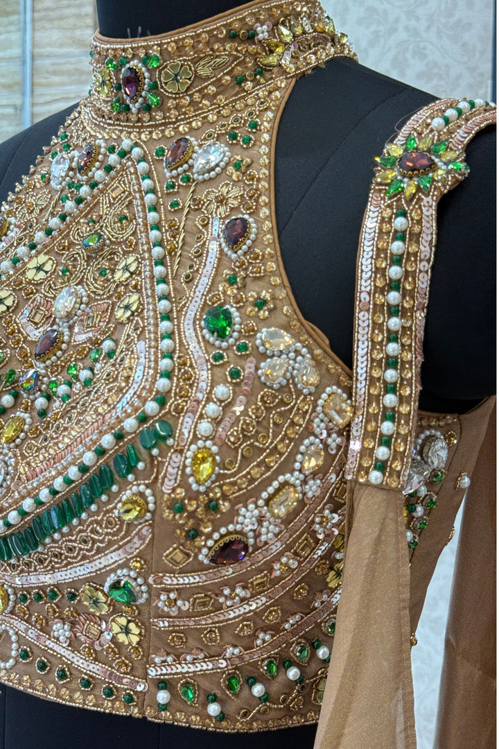 Gold Beads, Zardozi, Stone, Sequins and Pearl work with Halter Neck Crop Top Lehenga