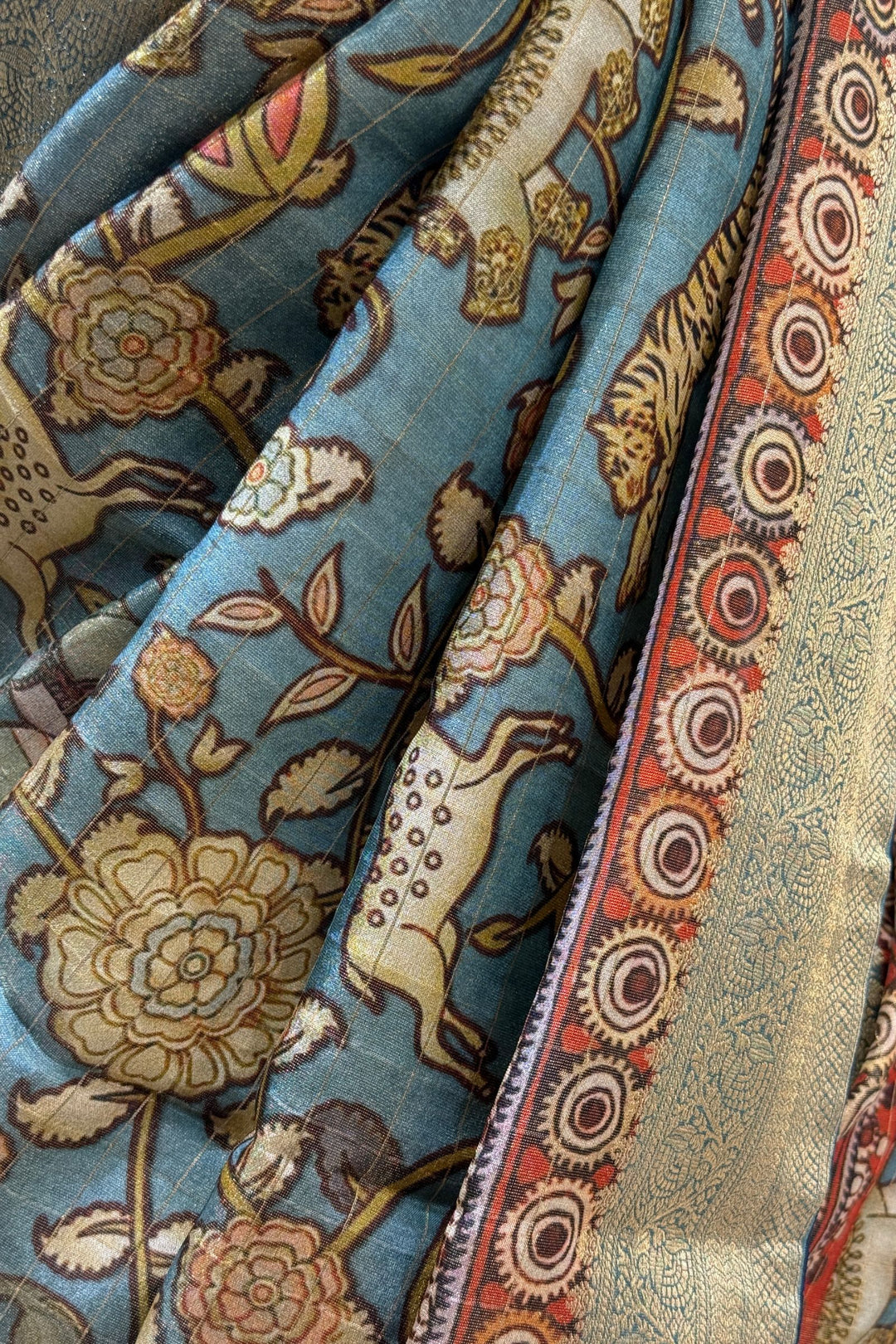 Dusty Blue Saree with Traditional Kalamkari Prints and Banaras Zari Border