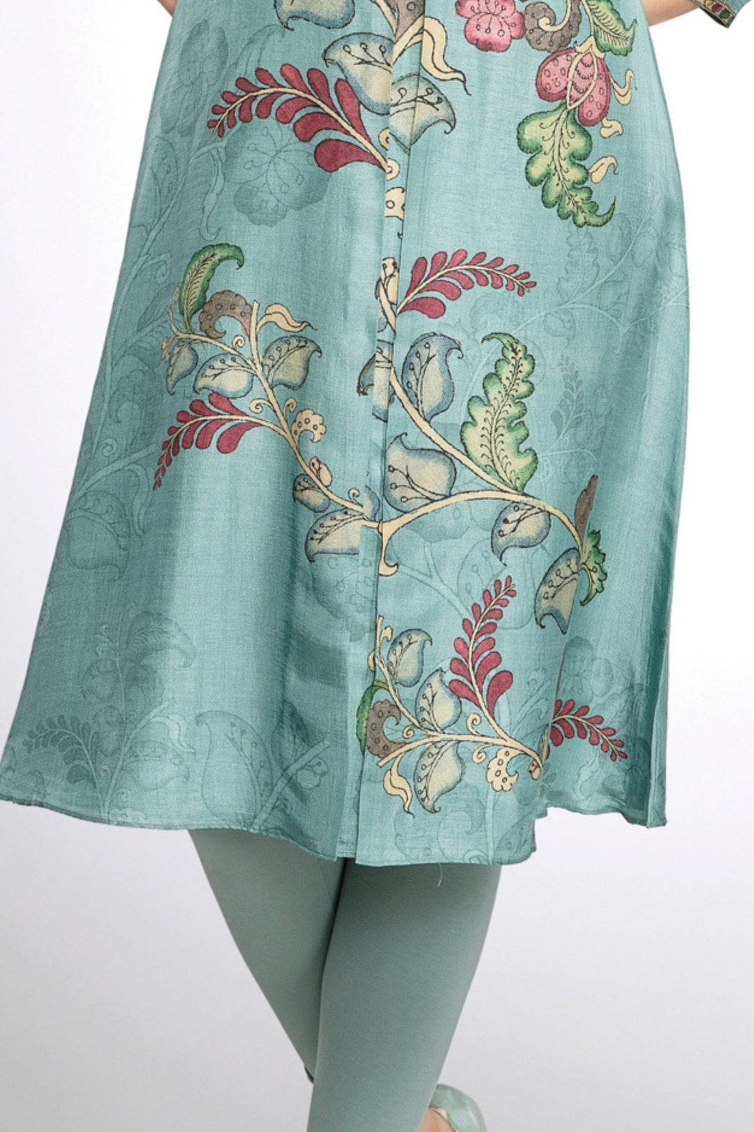 Sea Green Zardozi, Beads and Stone work with Floral Print A-line Cut Calf Length Kurti