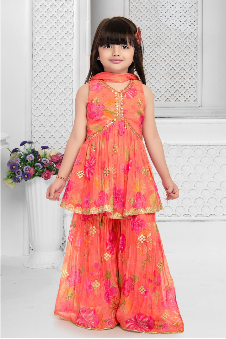 Orange Sequins and Stone work Alia Cut Peplum Top and Sharara Set for Girls