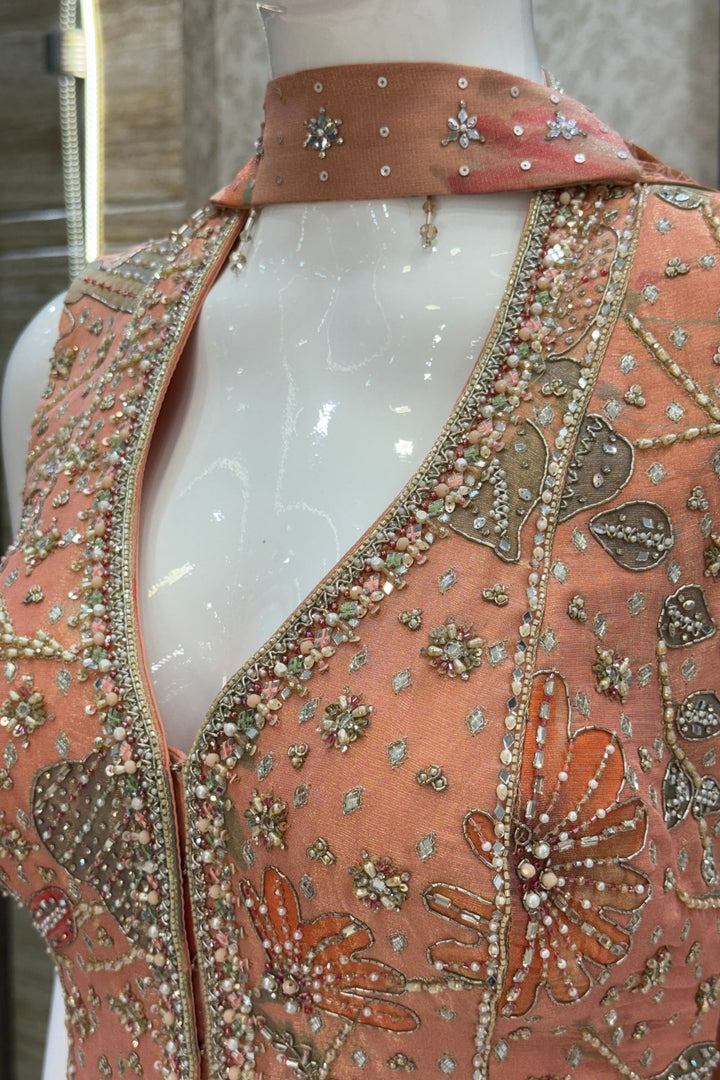 Peach Indo-Western Styled Halter Neck Top and Cowl Skirt