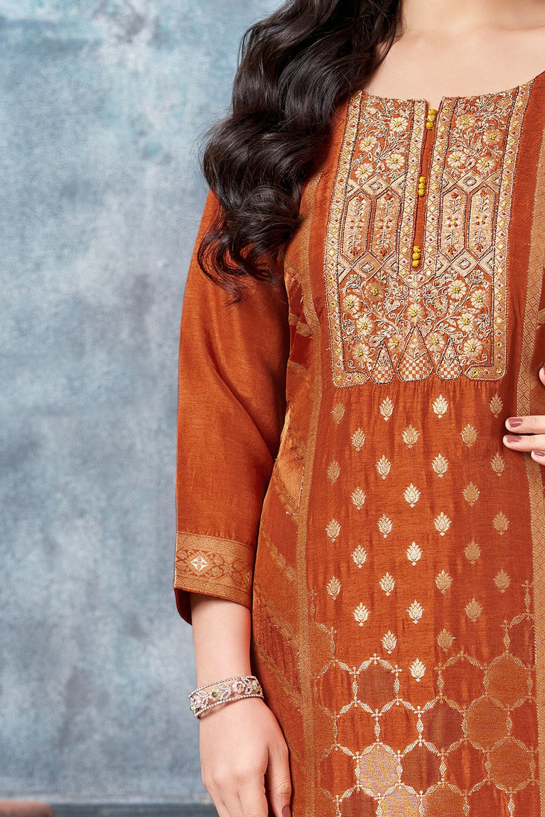 Orange Banaras, Zardozi, Beads, Sequins and Thread work Straight Cut Salwar Suit