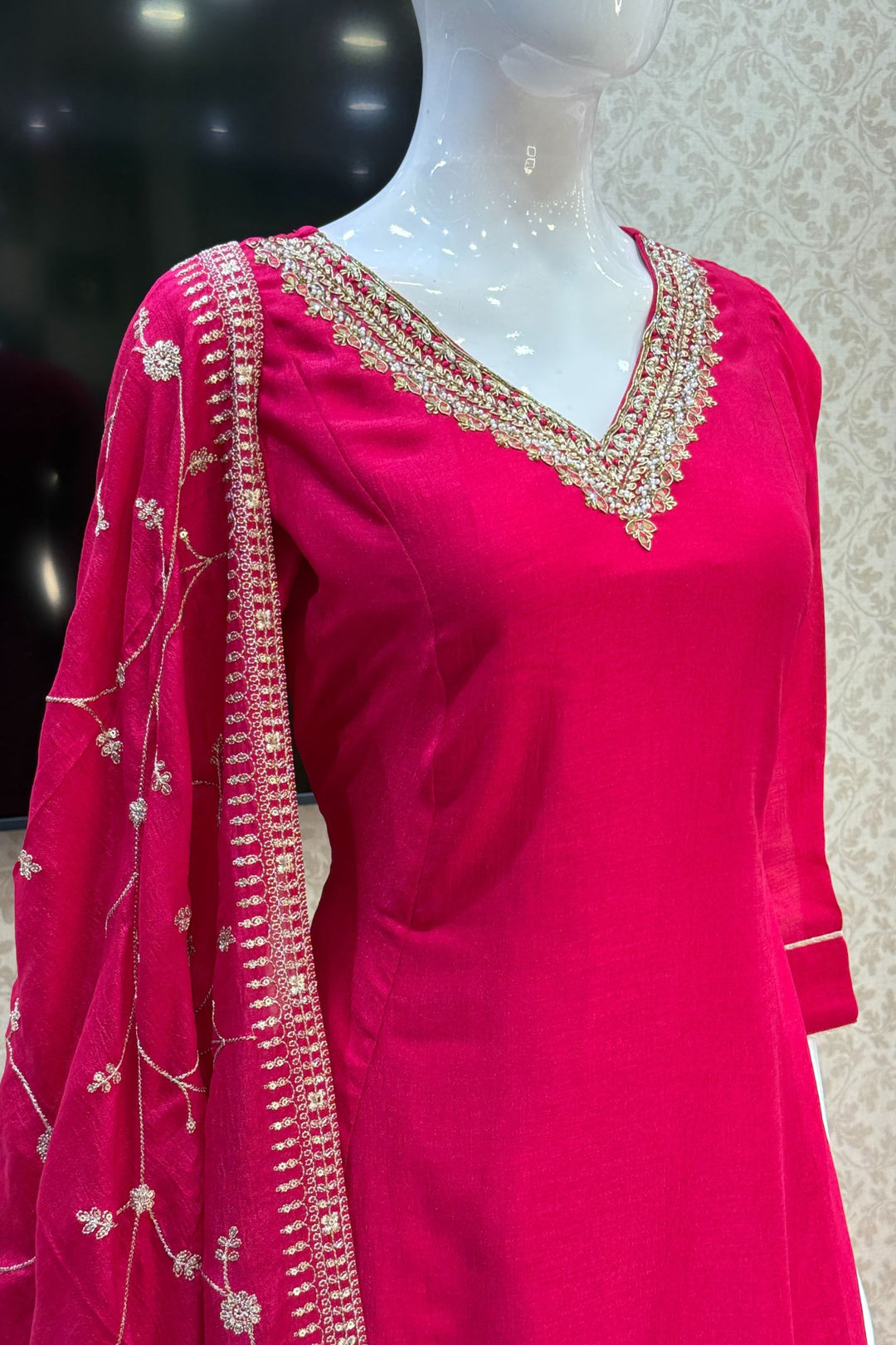 Rani Pink Beads, Pearl, Zardozi, Stone, Zari and Sequins work Aline Cut Salwar Suit