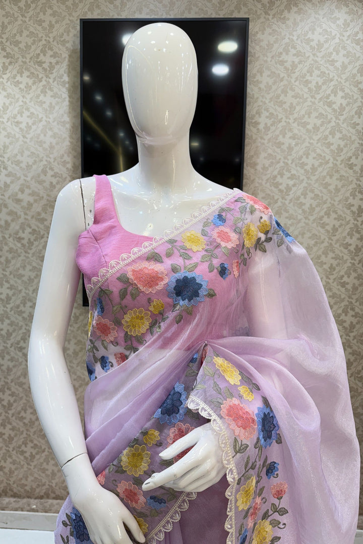 Lilac Multicolor Embroidery work Saree