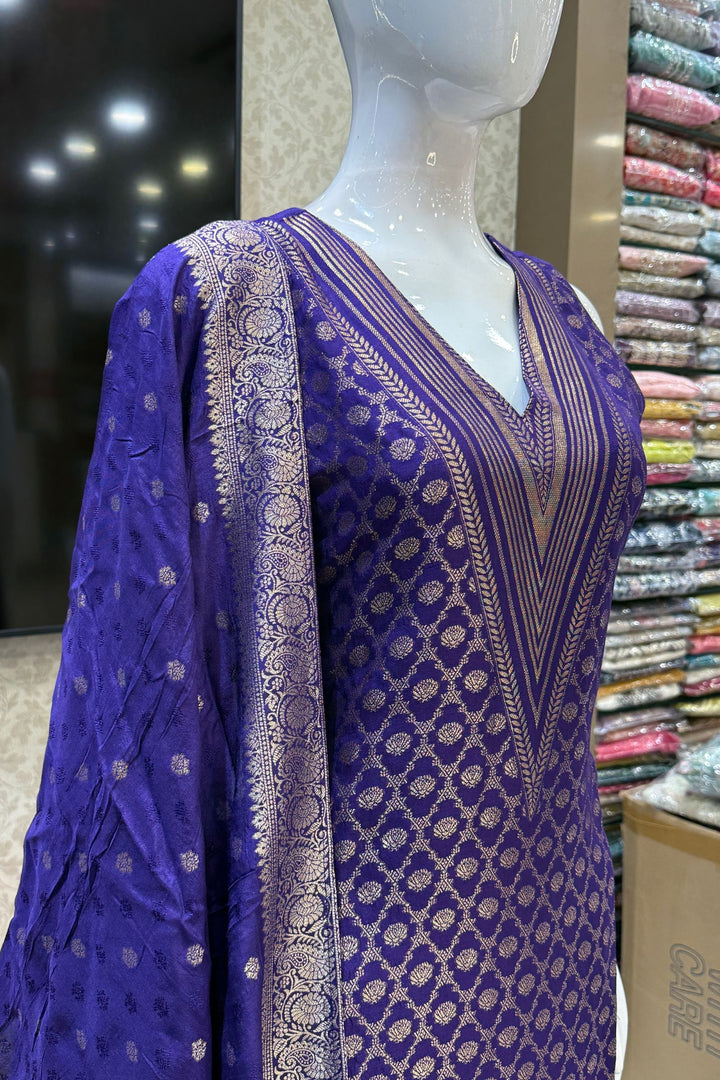 Purple Banaras work V-Neck Straight Cut Salwar Suit