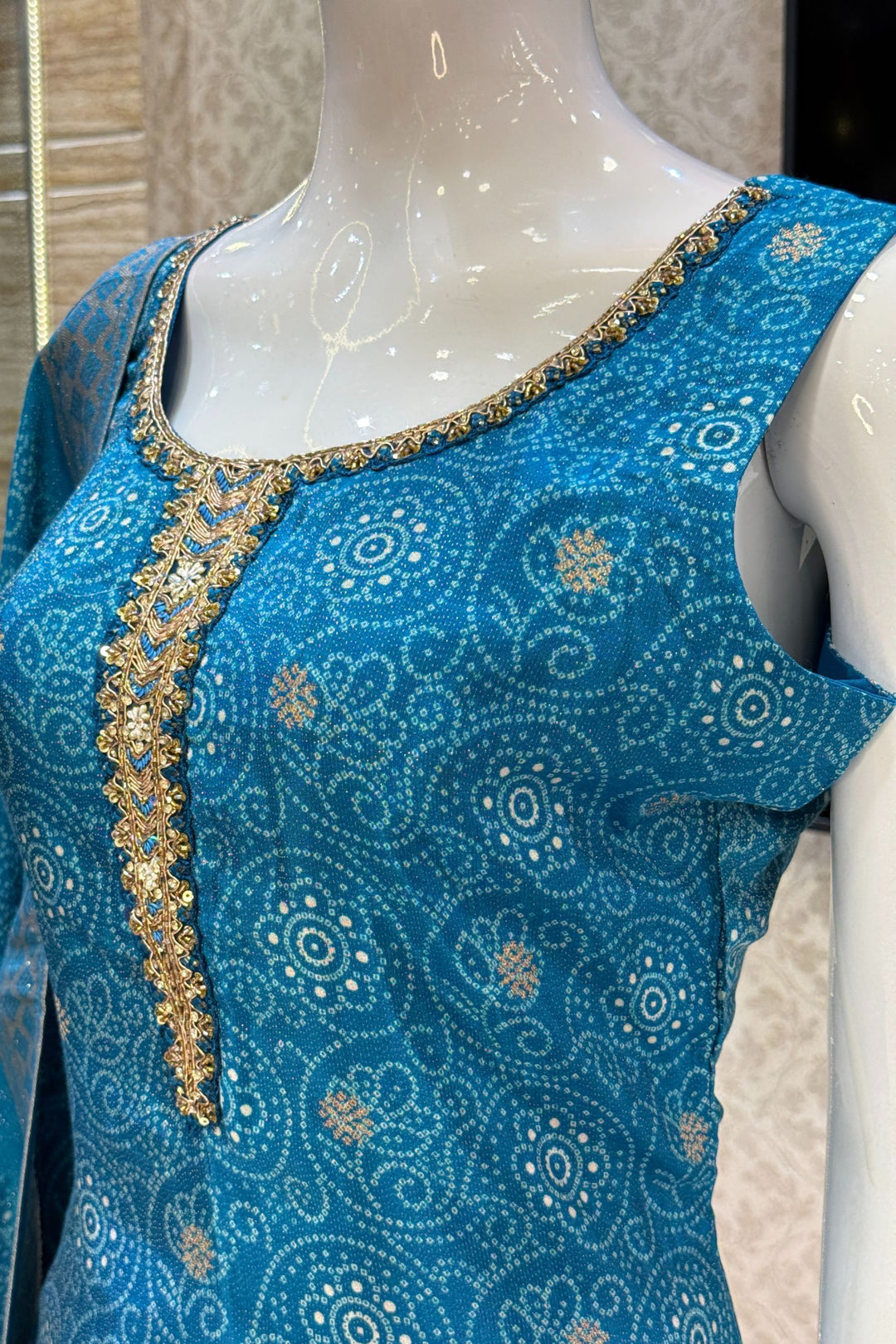 Rama Blue Zari Weaving and Banaras work with Bandini Print Straight Cut Salwar Suit