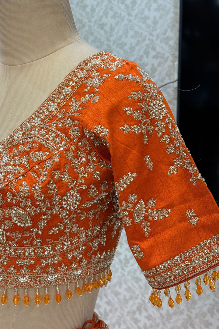 Orange Beads, Zari, Zardozi and Sequins work Crop Top Designer Bridal Lehenga with Belt