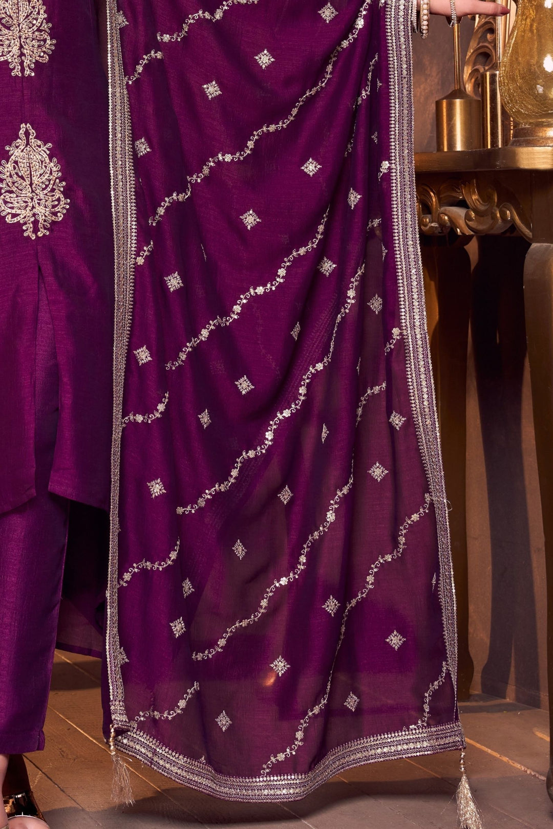 Wine Beads and Sequins work A-line Cut Salwar Suit