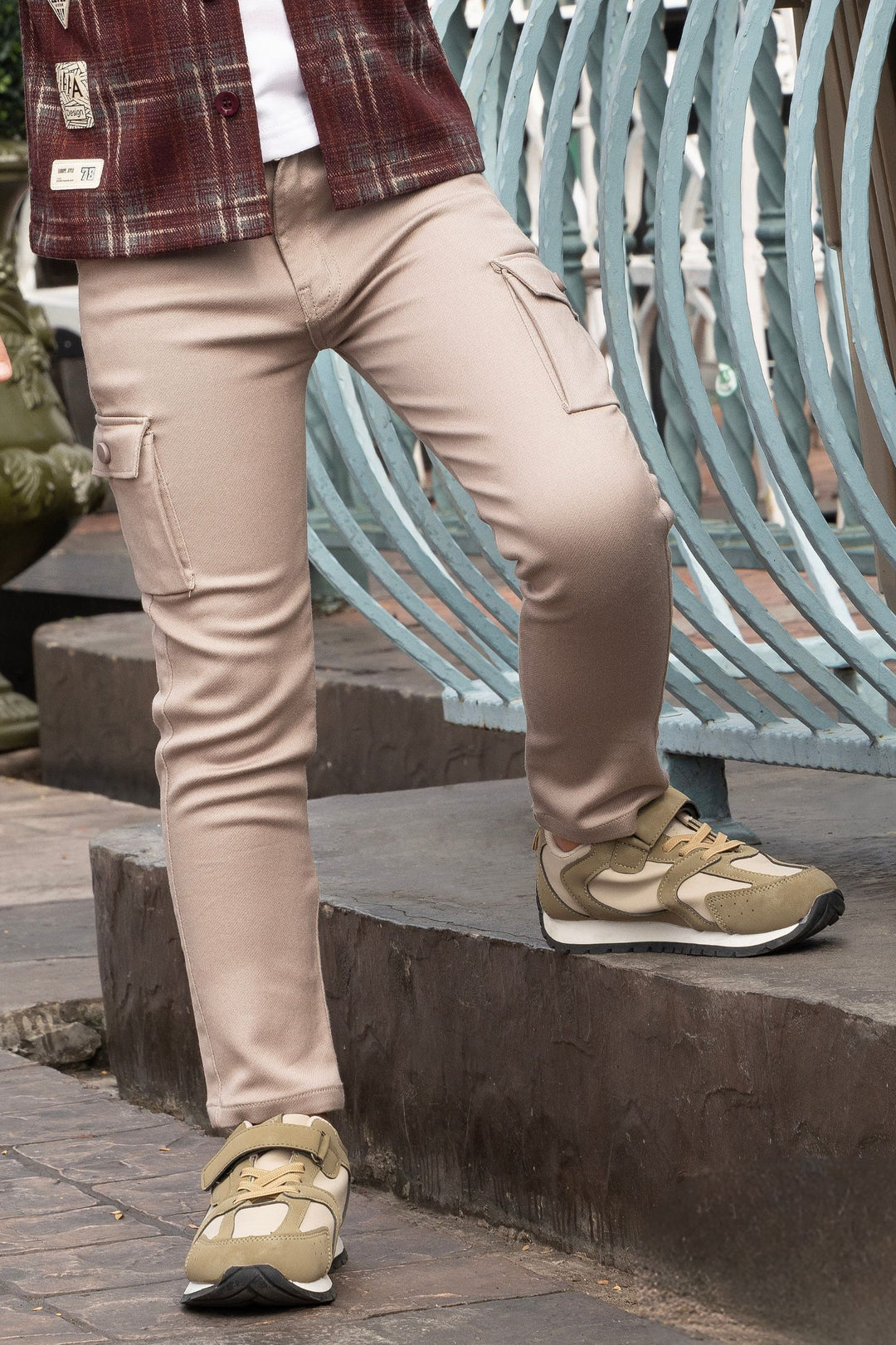 Brown with White Printed Blazer, T-Shirt and Light Grey Pant Set for Boys with Belt