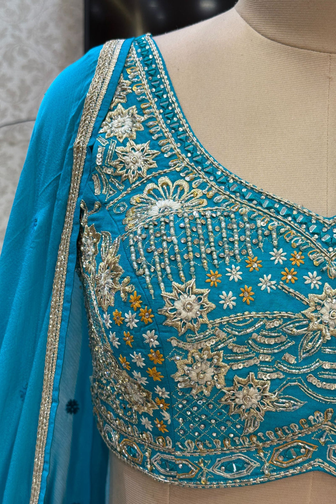 Rama Blue Stone, Zardozi, Sequins and Mirror work with Bandini Print Crop Top Lehenga