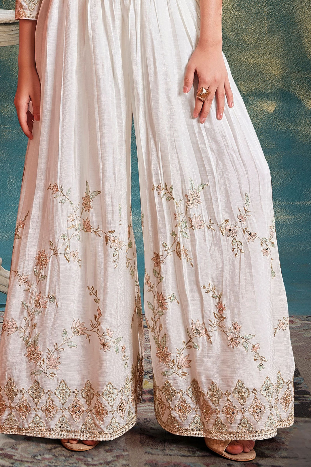 Cream Sequins, Mirror and Golden Zari work Jacket Styled Palazzo Set for Girls