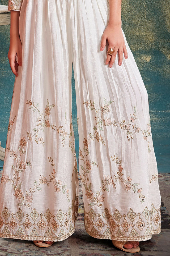 Cream Sequins, Mirror and Golden Zari work Jacket Styled Palazzo Set for Girls