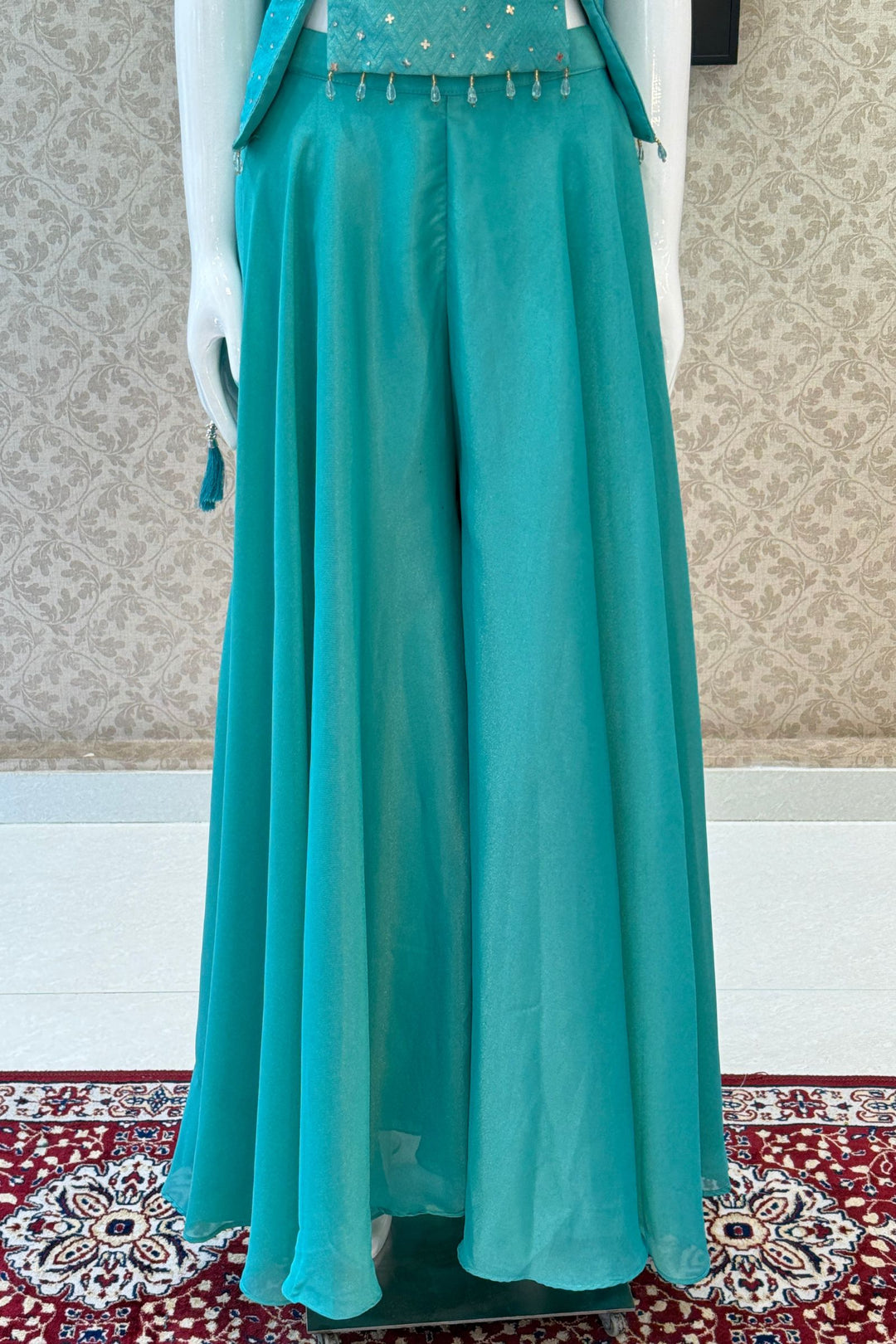 Rama Green Zardozi, Stone and Beads work Palazzo Suit Set