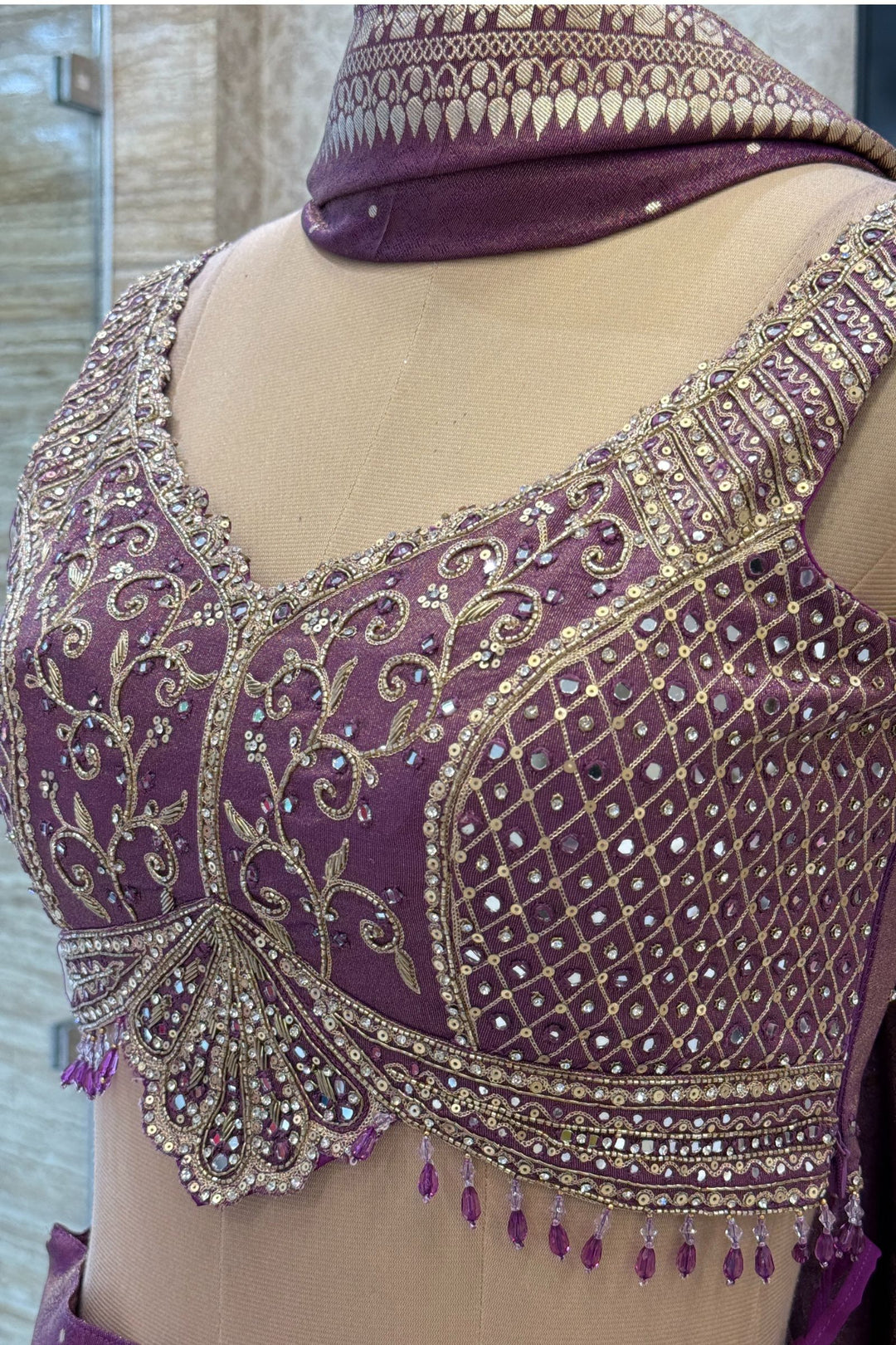 Purple Mirror, Stone, Beads, Zardozi, Zari, Sequins and Banaras work Crop Top Lehenga