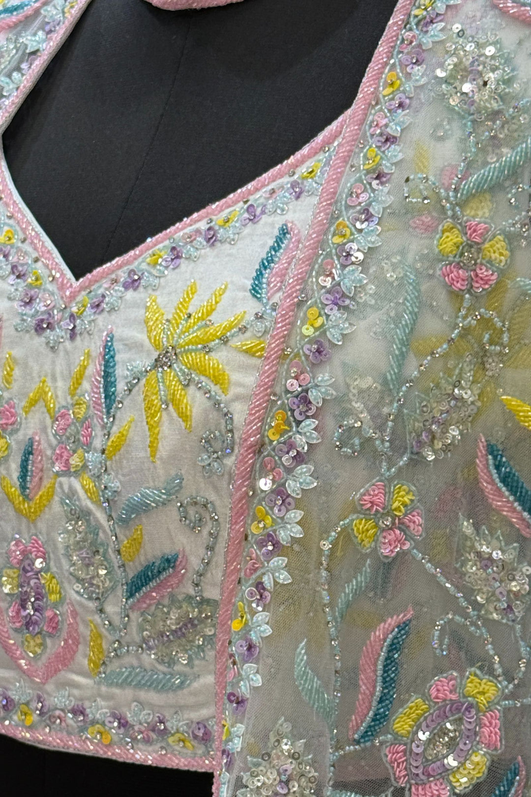 Sea Blue Beads, Sequins and Stone work with Poncho Crop Top Lehenga