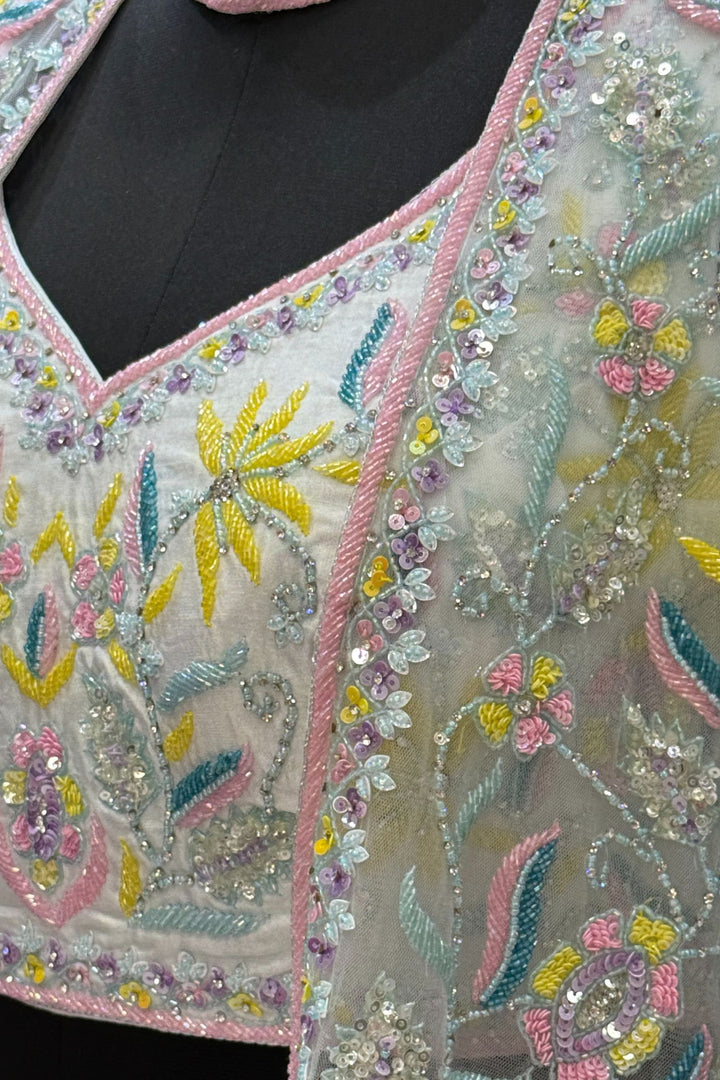 Sea Blue Beads, Sequins and Stone work with Poncho Crop Top Lehenga