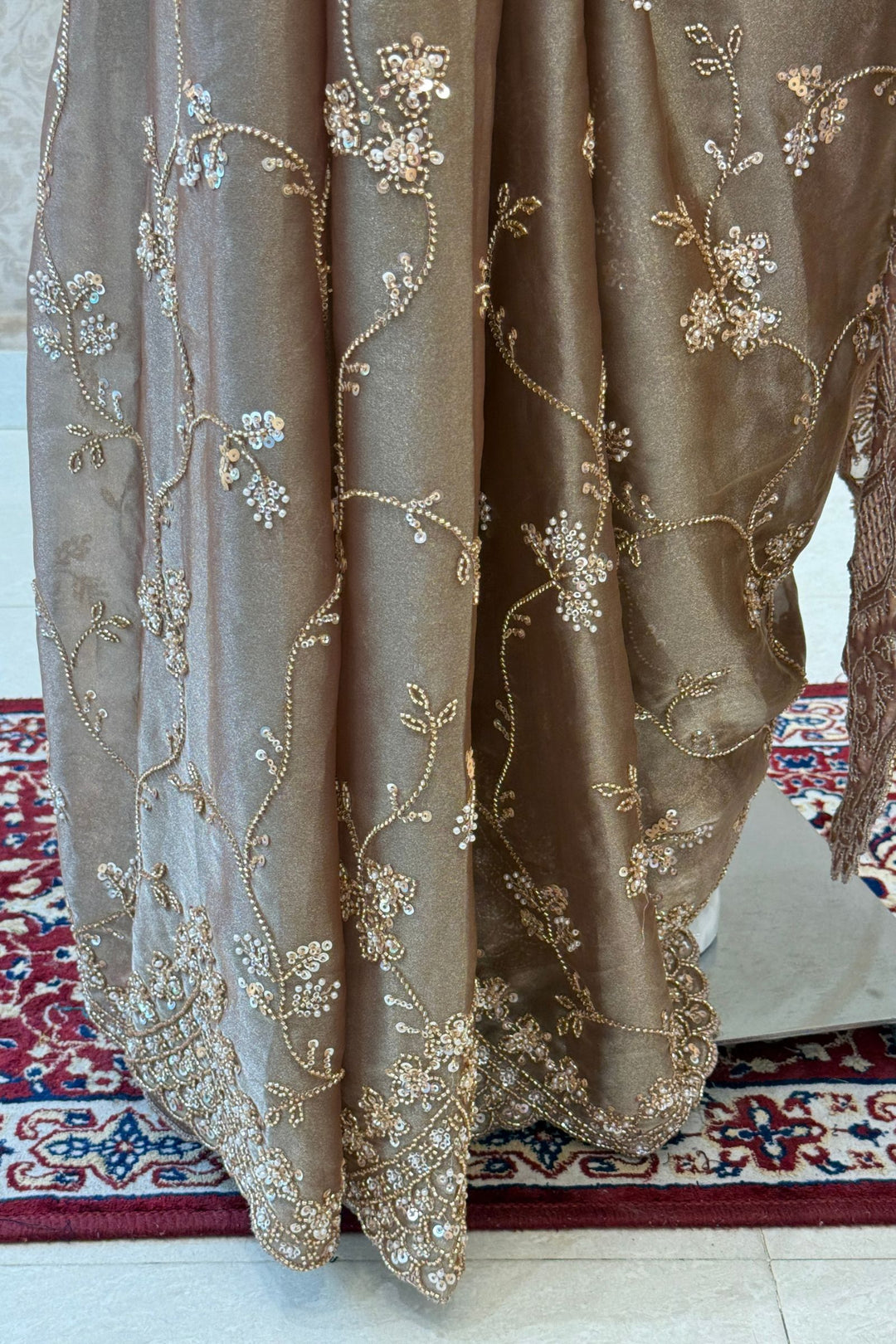 Dark Chiku Saree with Intricate Sequin &amp; Beaded Embroidery and Scalloped Border