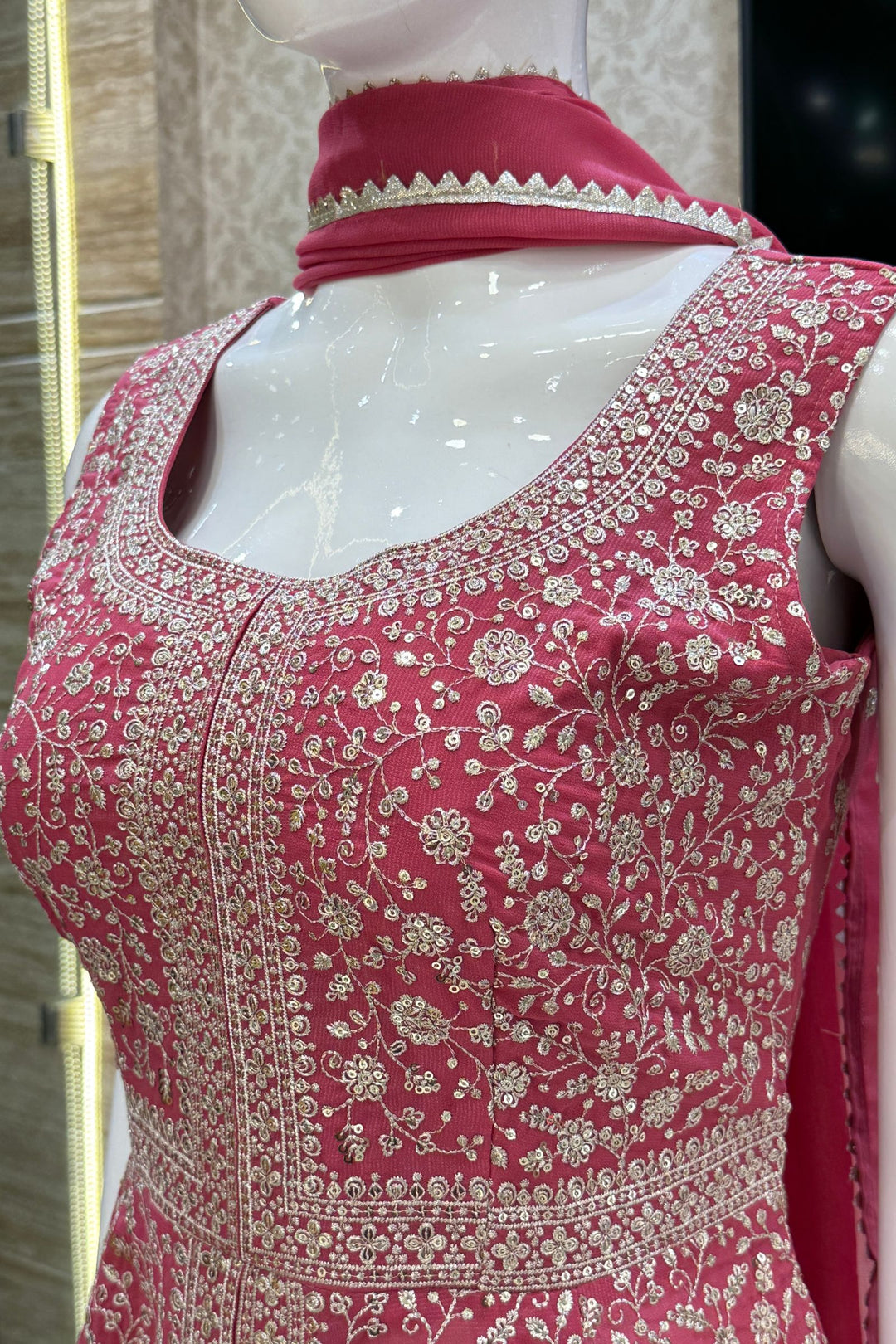 Dark Pink Silver Zari and Sequins work Peplum Top with Palazzo Suit Set