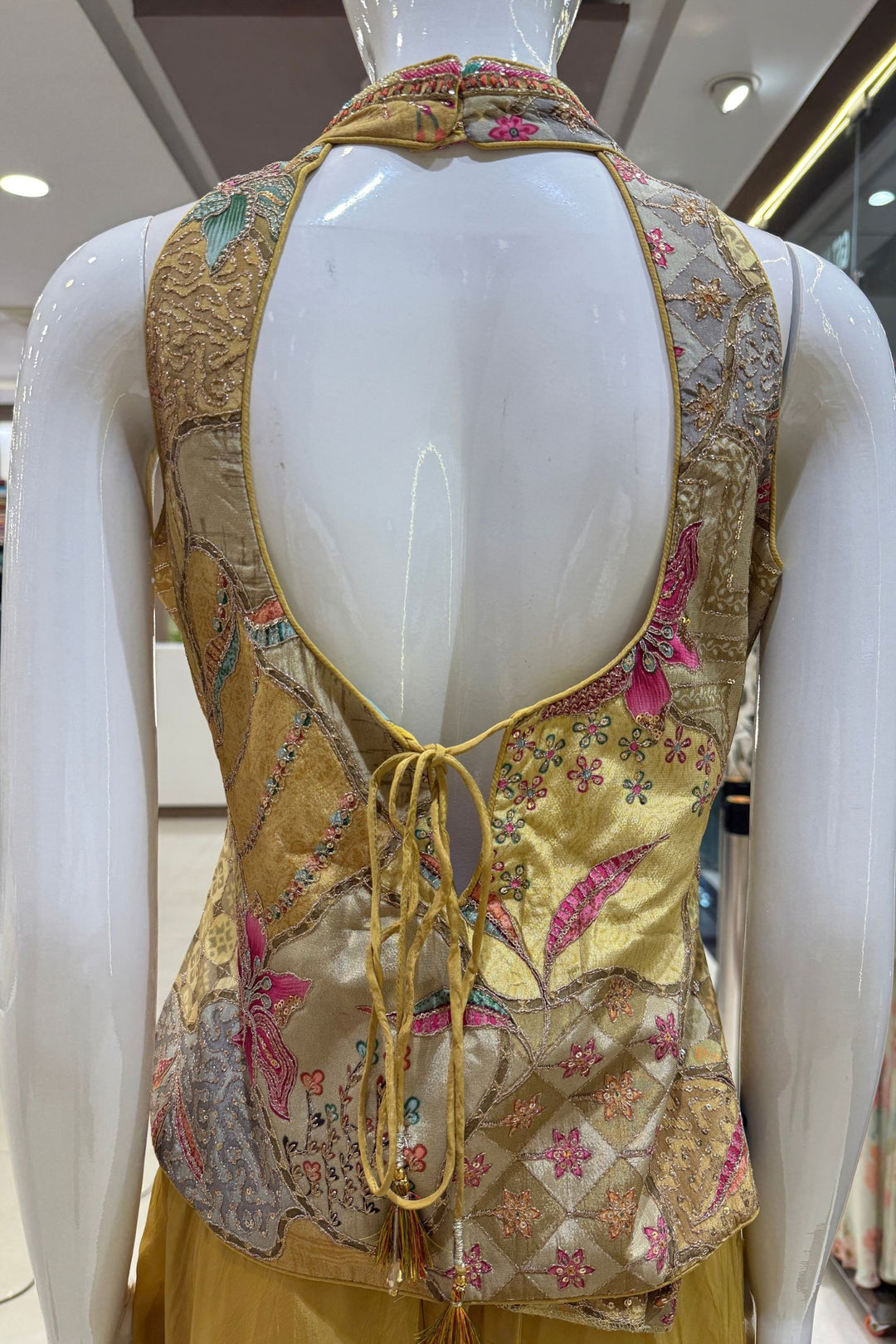 Yellow Halter Neck Palazzo Salwar Suit with Sequins, Mirror, Zari, Stone and Beads Detailing