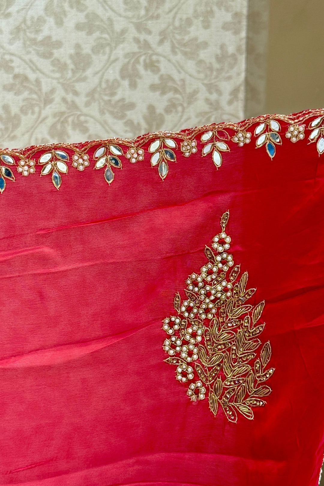 Red Mirror, Pearl, Zardozi, Stone and Beads work Saree