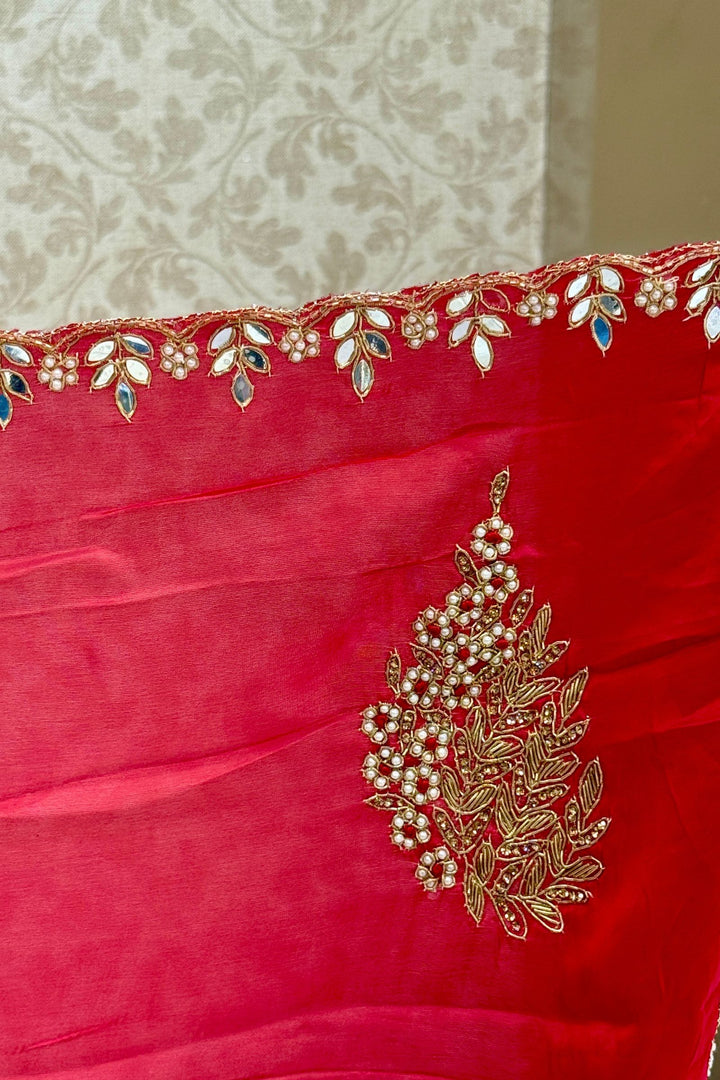 Red Mirror, Pearl, Zardozi, Stone and Beads work Saree