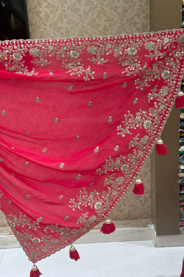 Rani Pink Zari and Sequins work Saree