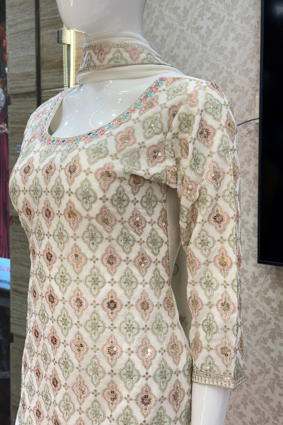 Cream Multicolor Thread, Zari, Sequins, Mirror, Stone and Zardozi work Sharara Salwar Suit