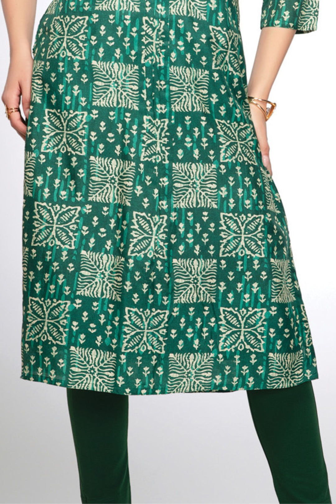 Green Beads and Sequins work with Digital Print Calf Length Kurti