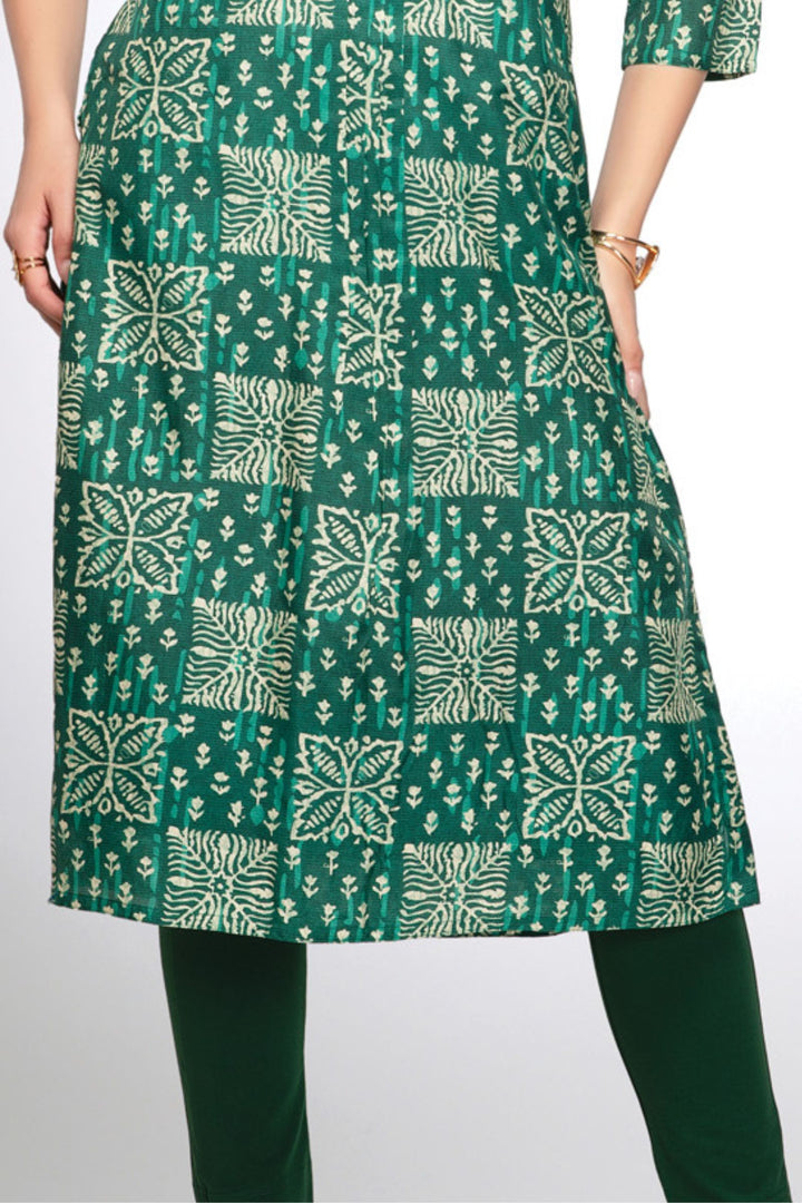 Green Beads and Sequins work with Digital Print Calf Length Kurti