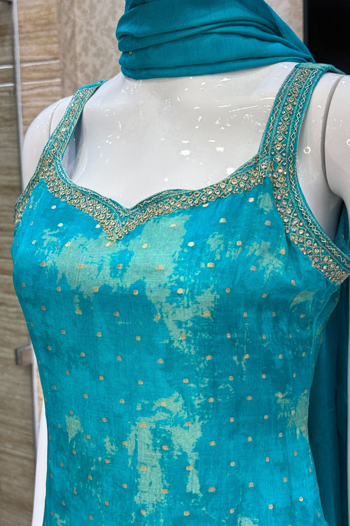 Rama Blue Stone, Zari, Zardozi and Mirror work Straight Cut Salwar Suit