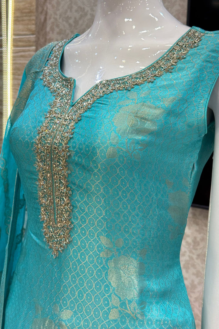 Rama Blue Banaras, Stone, Beads and Zardozi work Straight Cut Salwar Suit
