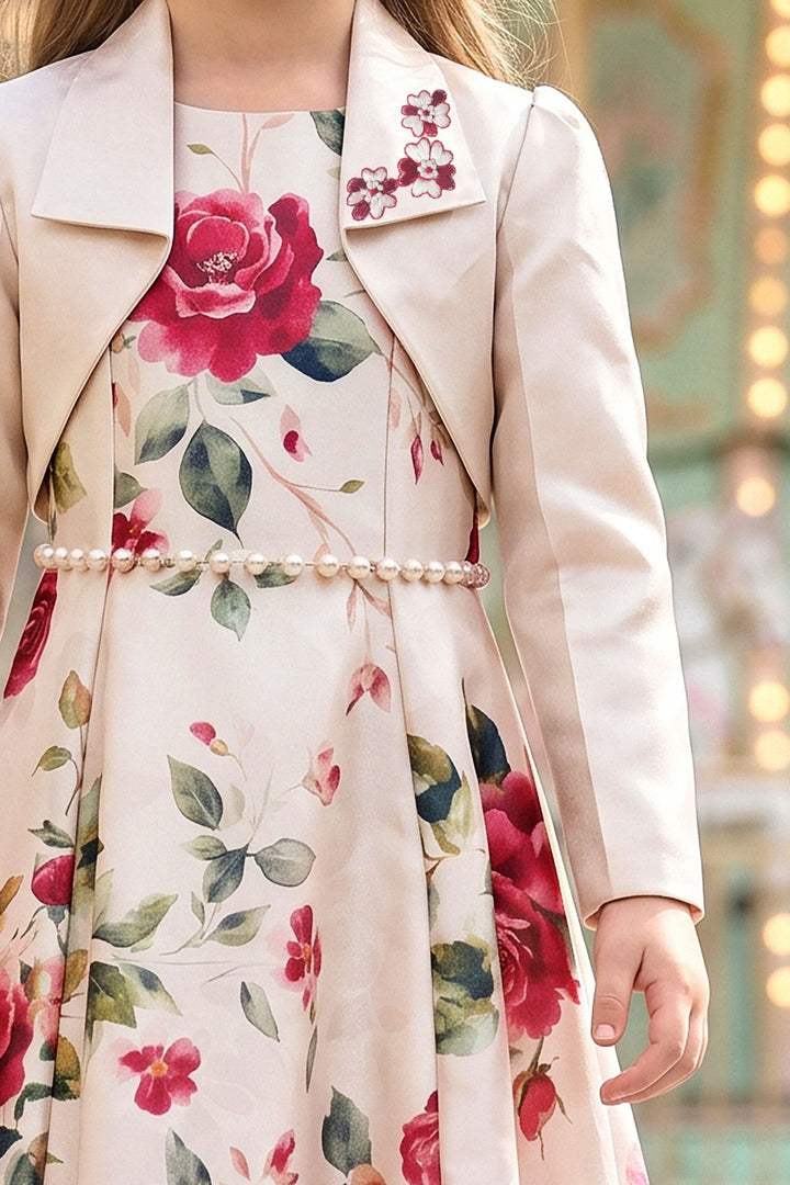 Light Beige with Floral Print Jacket Styled Long Party Gown for Girls