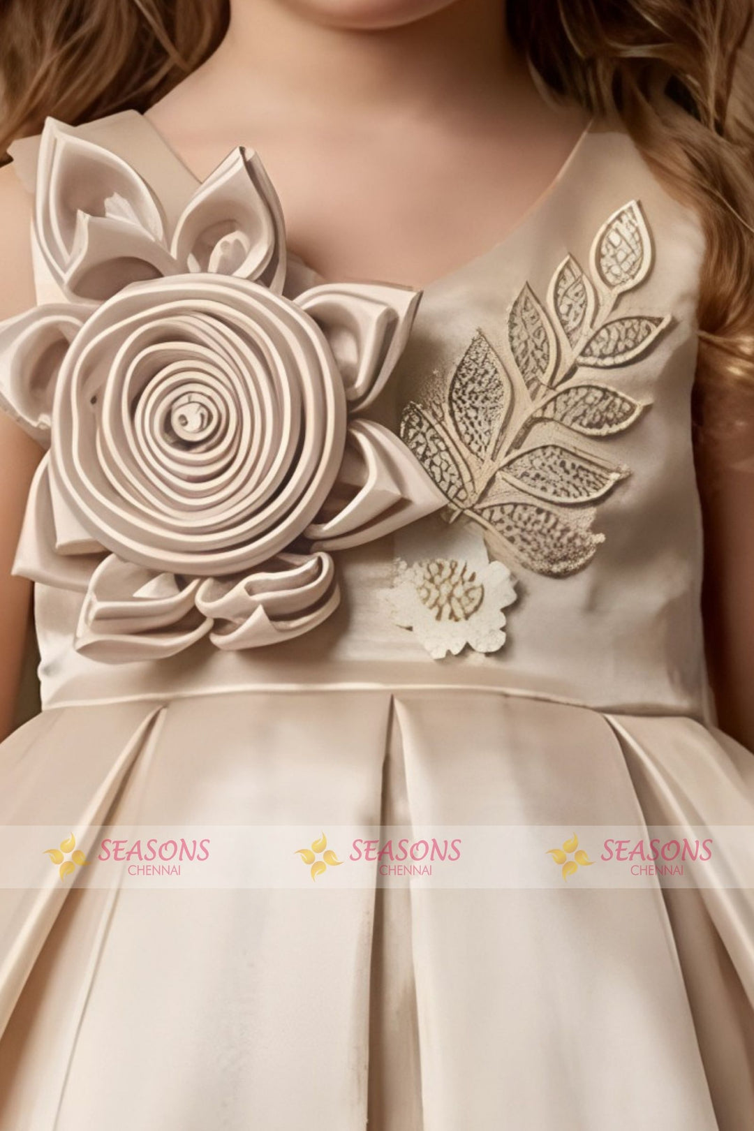 Beige Beads work Short Partywear Frock for Girls