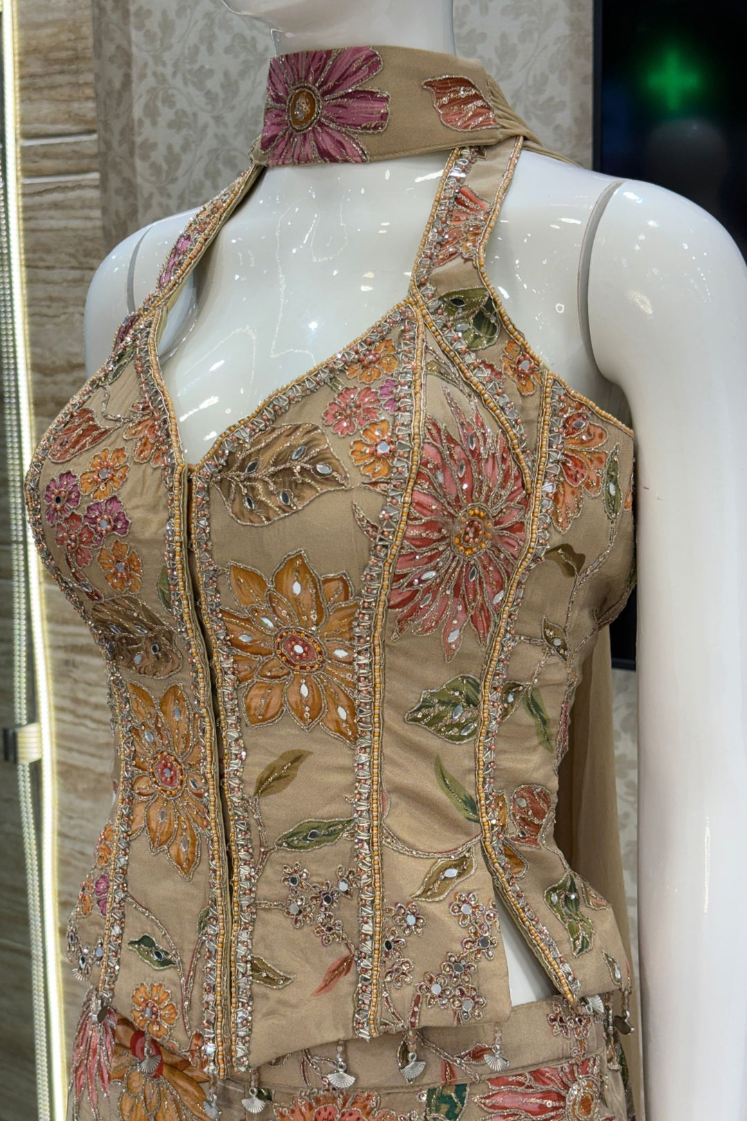 Beige Halter Neck Palazzo Set with Zardozi, Zari, Beads, Sequins, Stone and Mirror Detailing (Copy)