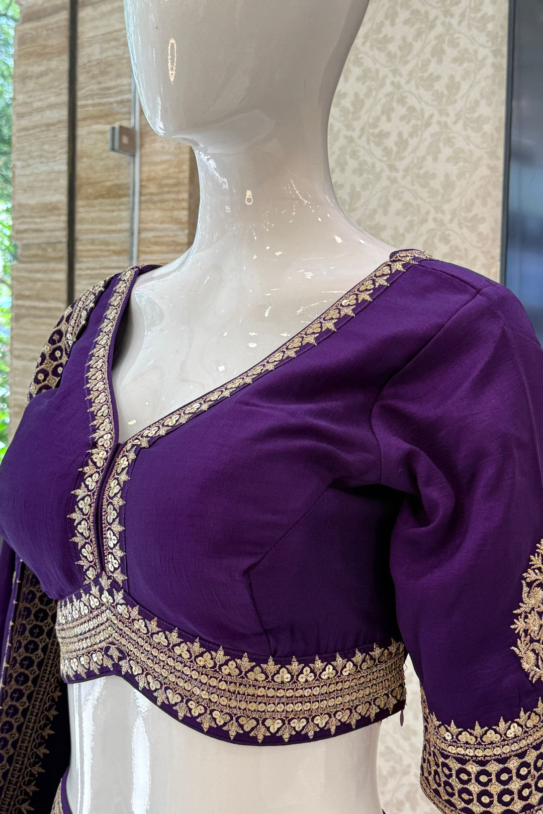 Purple Sequins and Zari work Crop Top Lehenga