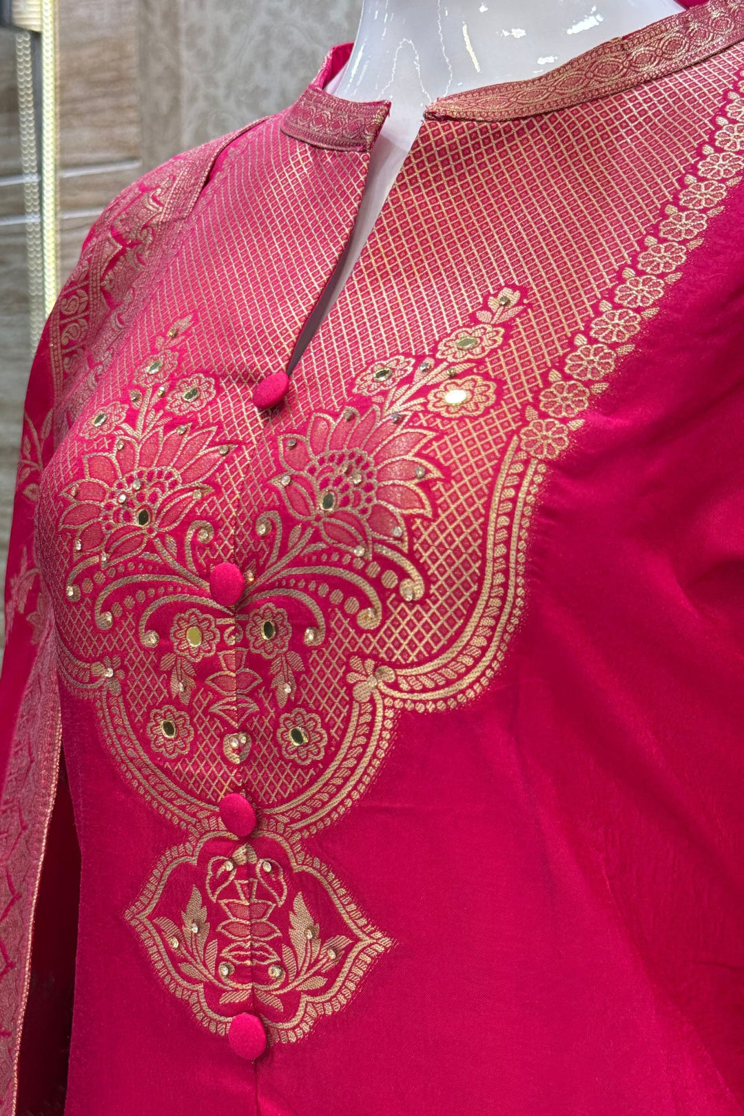 Rani Pink Straight Cut Salwar Suit with Stone, Mirror and Banaras work