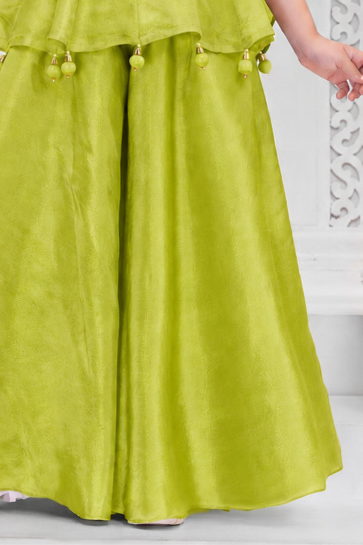 Girls Lemon Green Zardozi, Beads and Zari work Peplum Palazzo Set