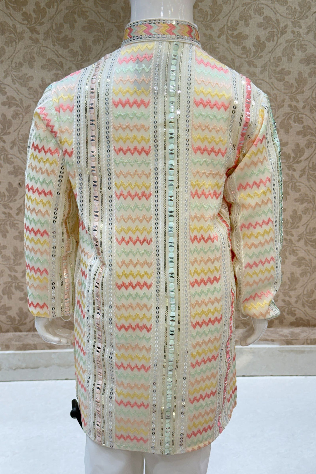 Cream Multicolor Thread and Sequins work Kurta Set for Boys