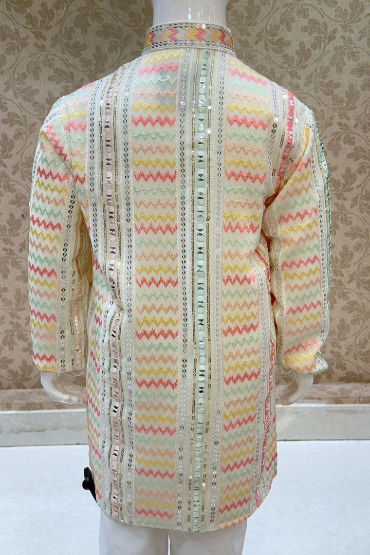 Cream Multicolor Thread and Sequins work Kurta Set for Boys