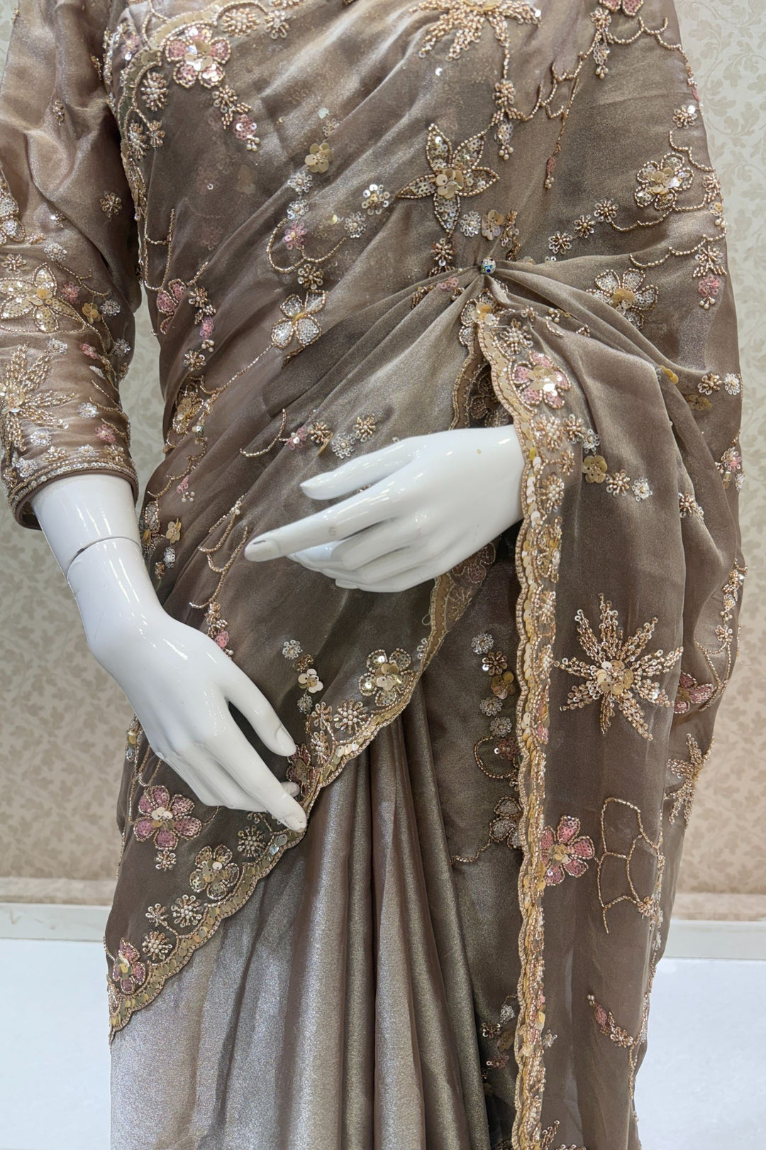 Copper Sequins, Beads, Zari and Pearls work Saree