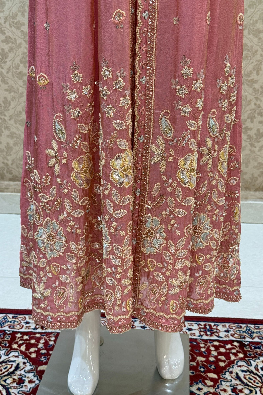 Rose Pink Beads, Sequins and Thread work Long Top with Straight Pant